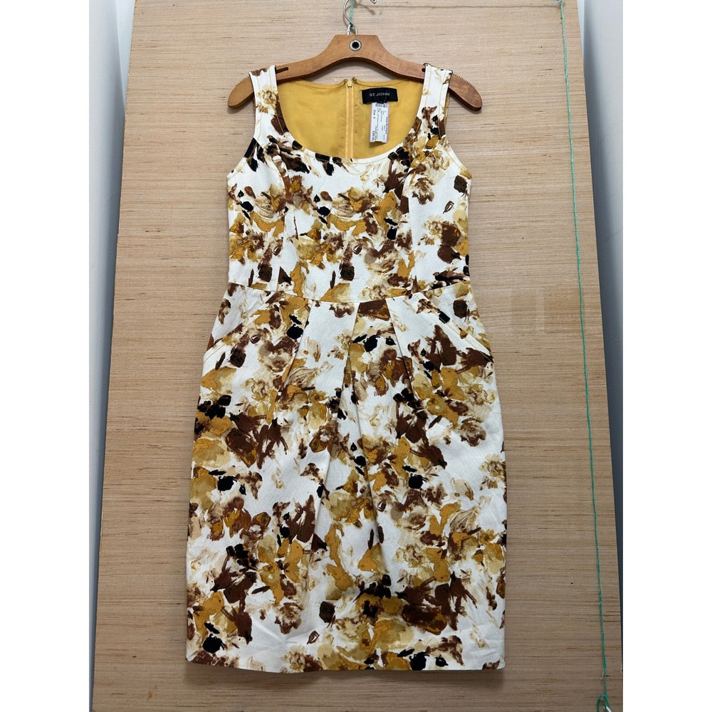 St John Abstract Floral Sheath Dress White Brown Ochre Square Neck Pockets 6